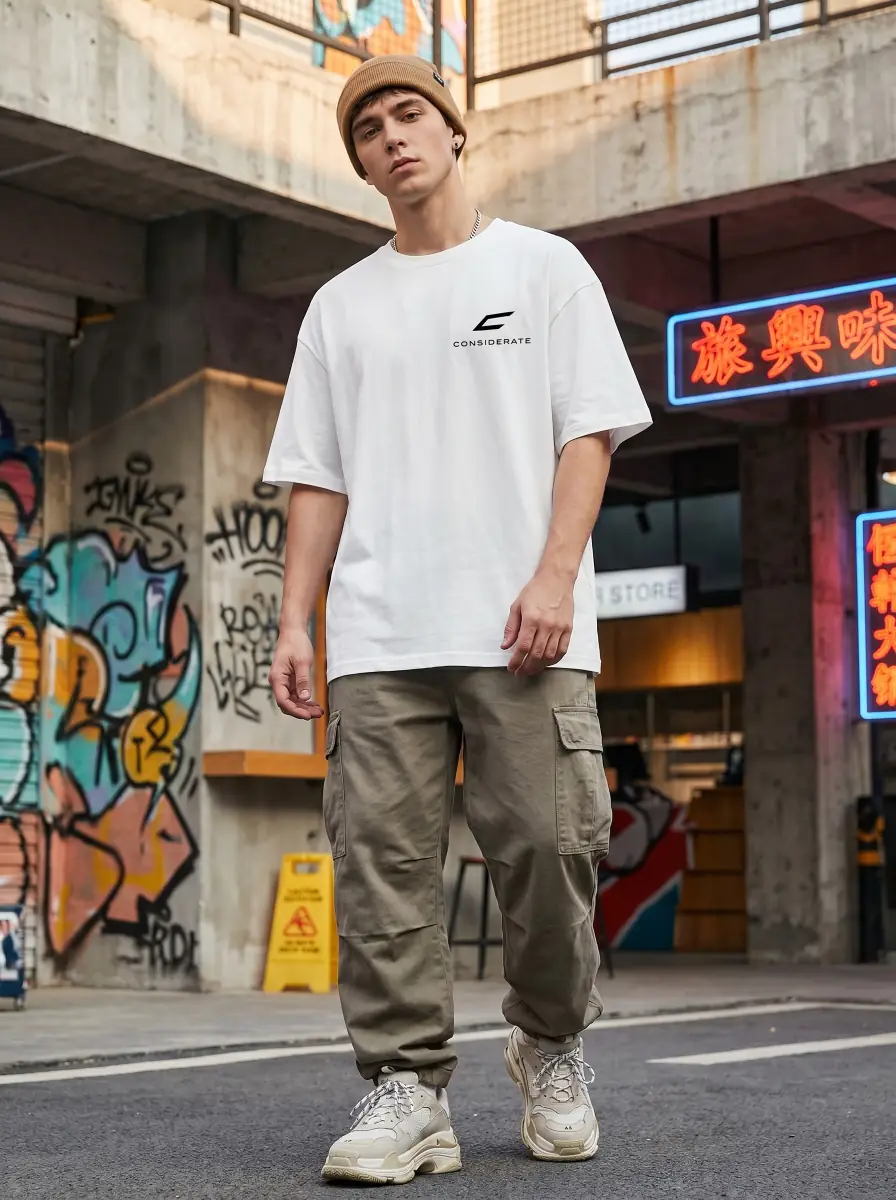 White tee worn front