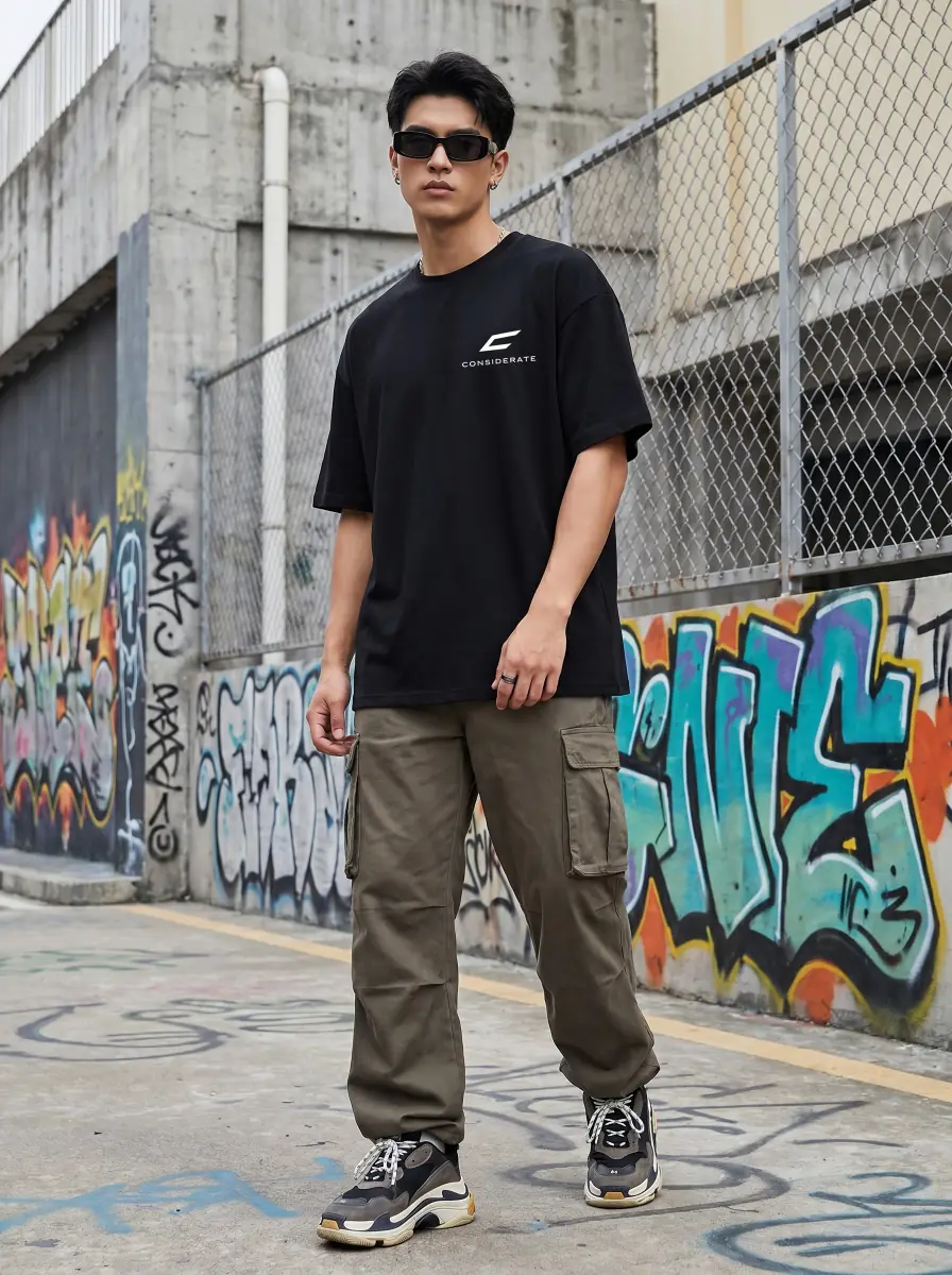 Black tee worn front